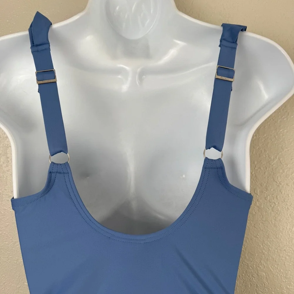 DKNY Blue Ruffle V-Neck Ruched One Piece Swimsuit Slimming Scoop Back S - Picture 6 of 8